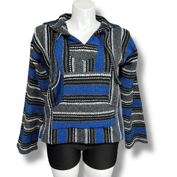 Vintage Artisanias Mickey Unisex Baja Hoodie Hooded Sweatshirt Woven Blue Black - Picture 1 of 6